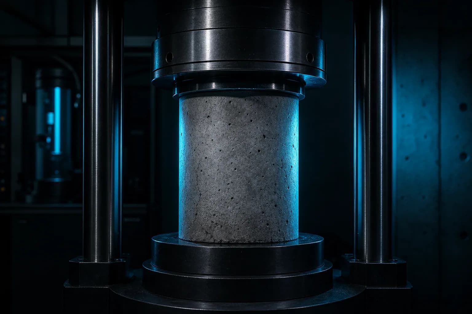 Concrete cylinder under a compression-testing machine