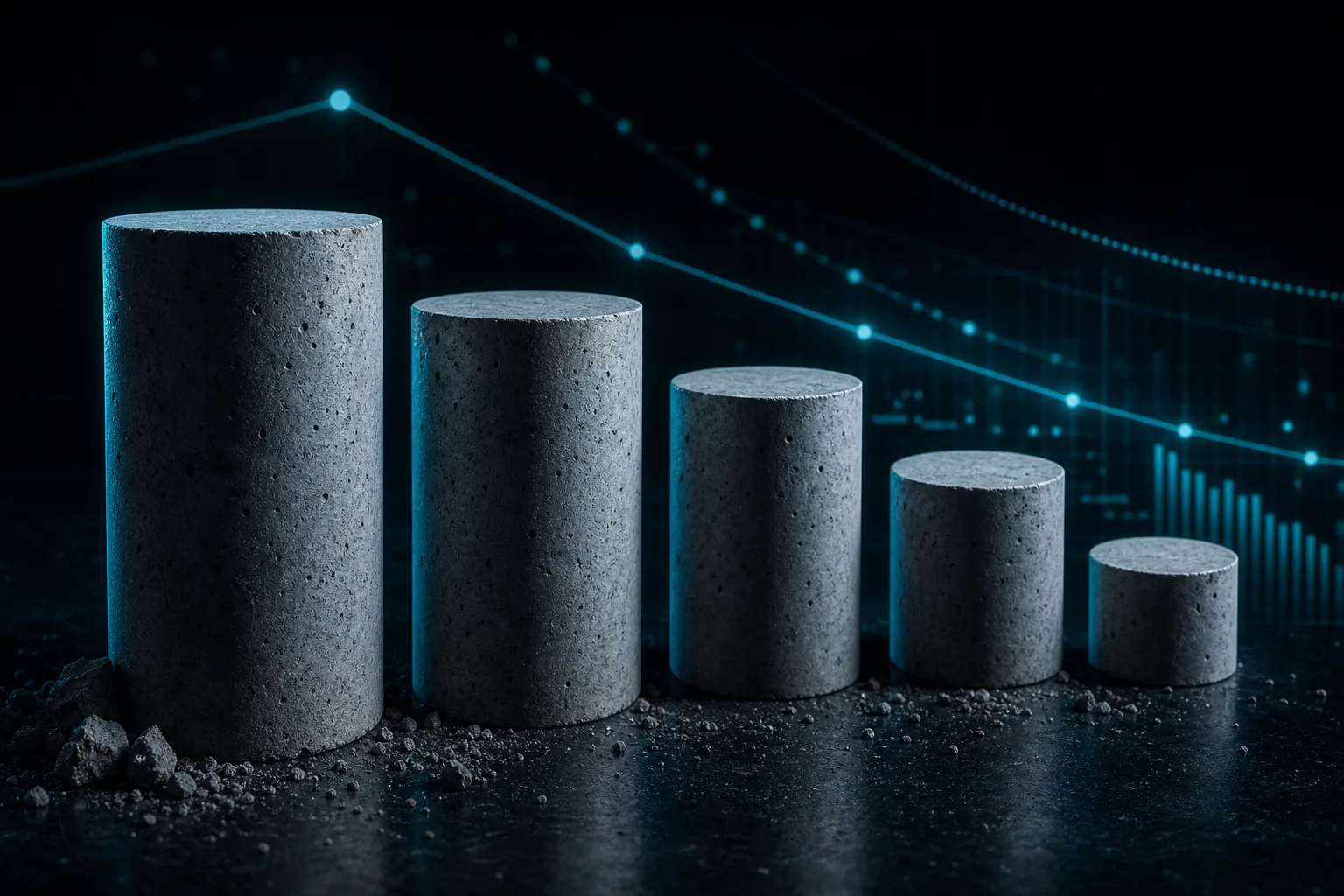 Concrete test cylinders against a descending cost curve
