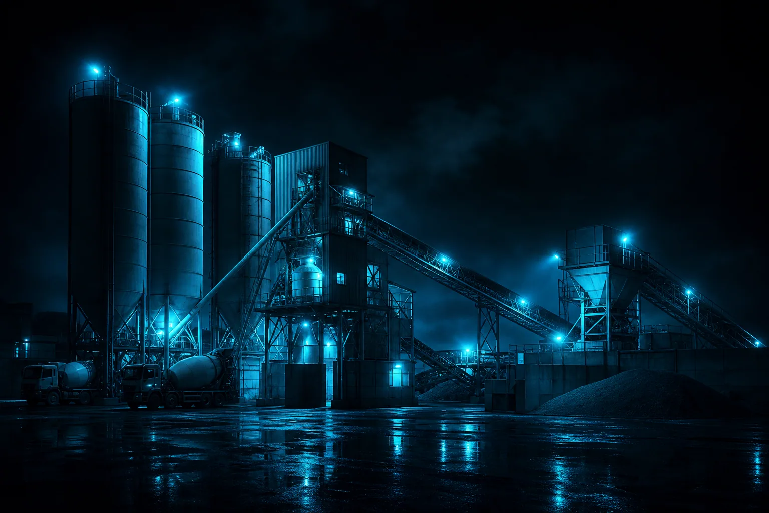 Concrete batching plant lit at night