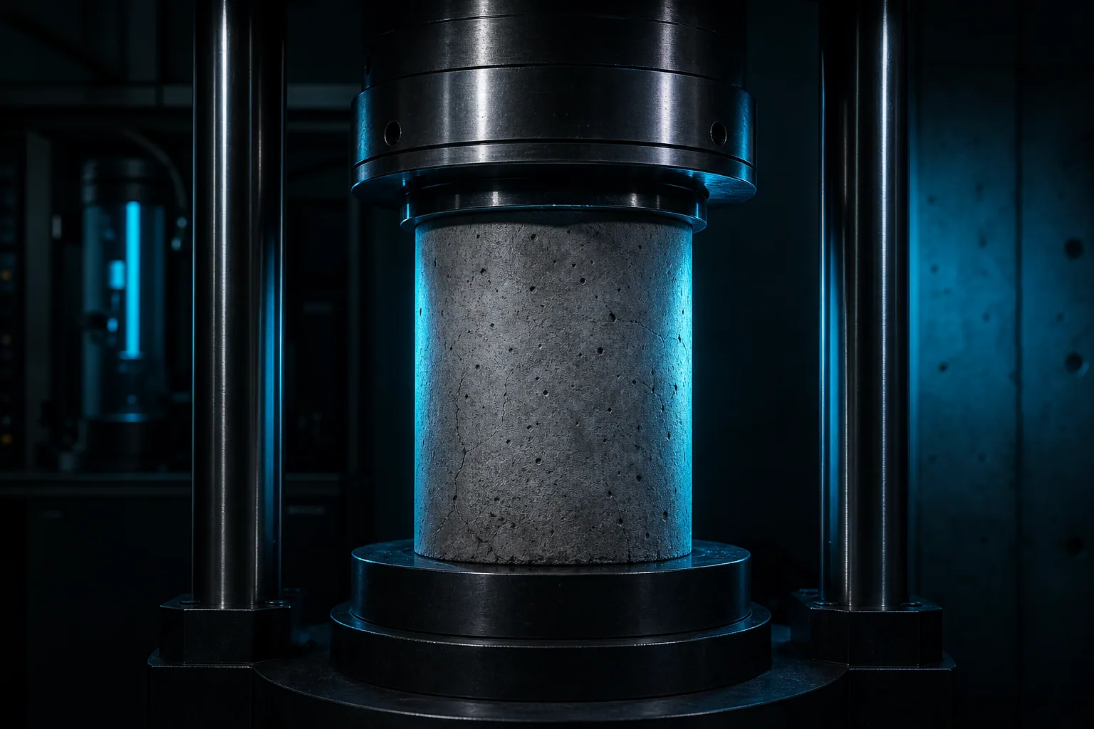 Concrete cylinder under a compression-testing machine